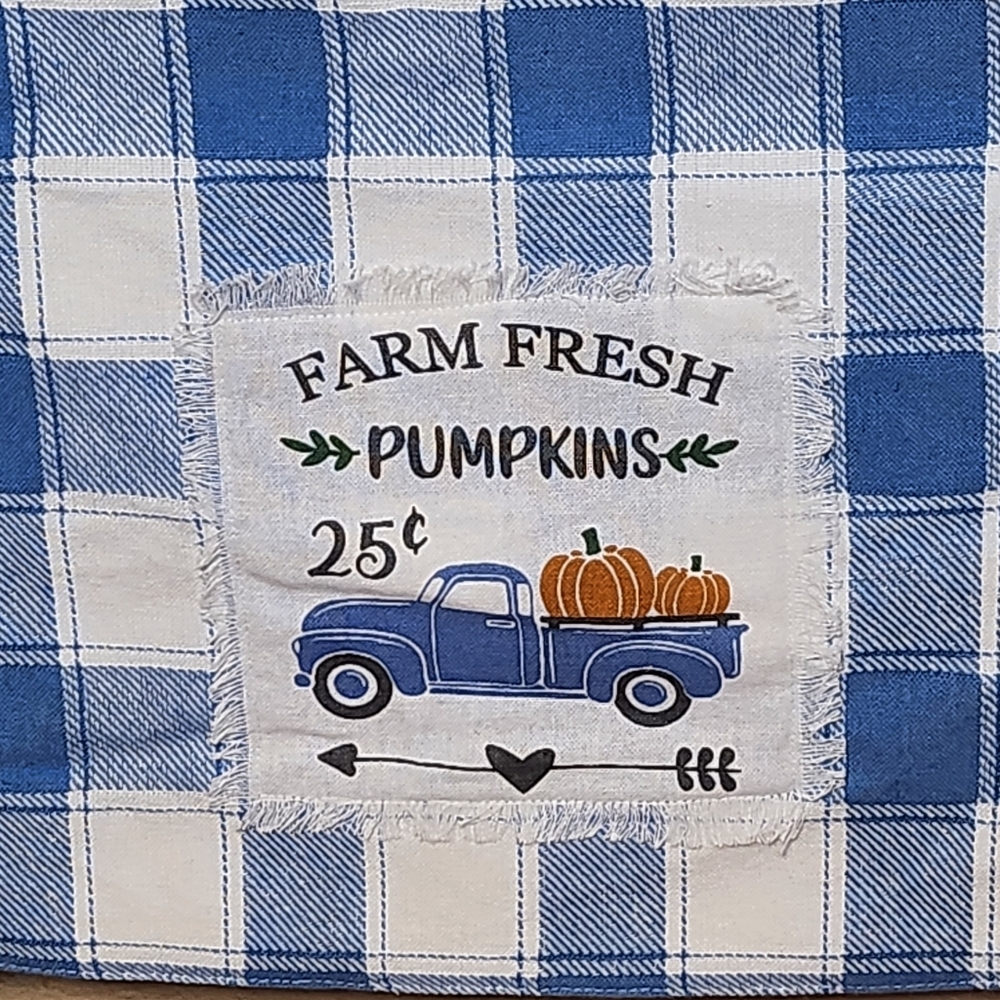 Pbs Home Goods Blue and White Plaid Farm Fresh Pumpkins Table Runner 14" X 72"